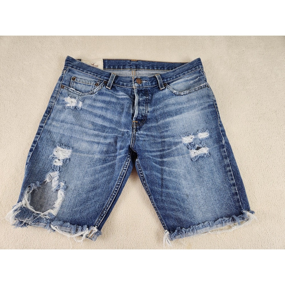 Men's Hollister Denim Shorts Size 33 Distressed Cut Off Frayed Hem Medium Wash